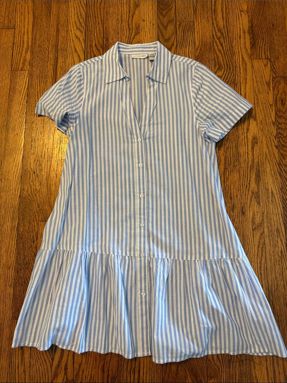 Sincerely Jules Blue & White Striped Button-Front Ruffle Hem Dress